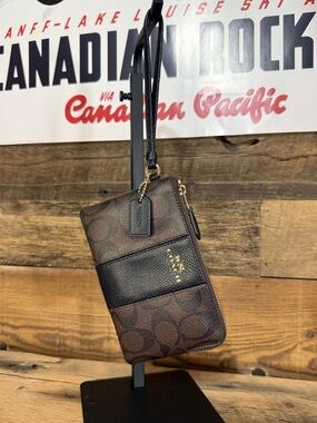 Coach Brown and Black Signature Zip Wristlet with Gold Hardware